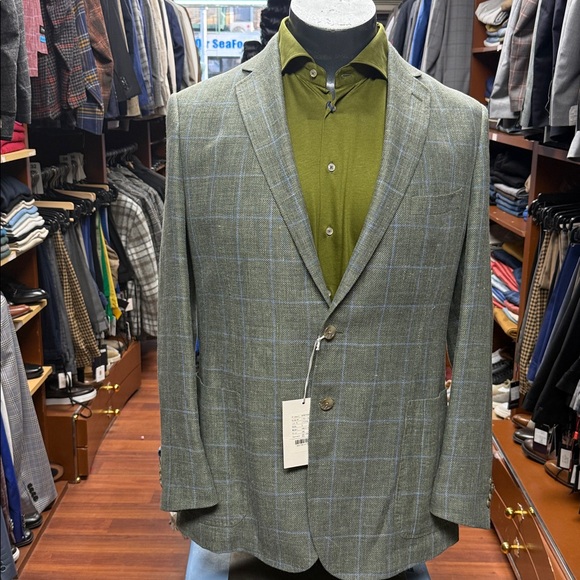 Men's Green Plaid Blazer linen and wool - Picture 5 of 14